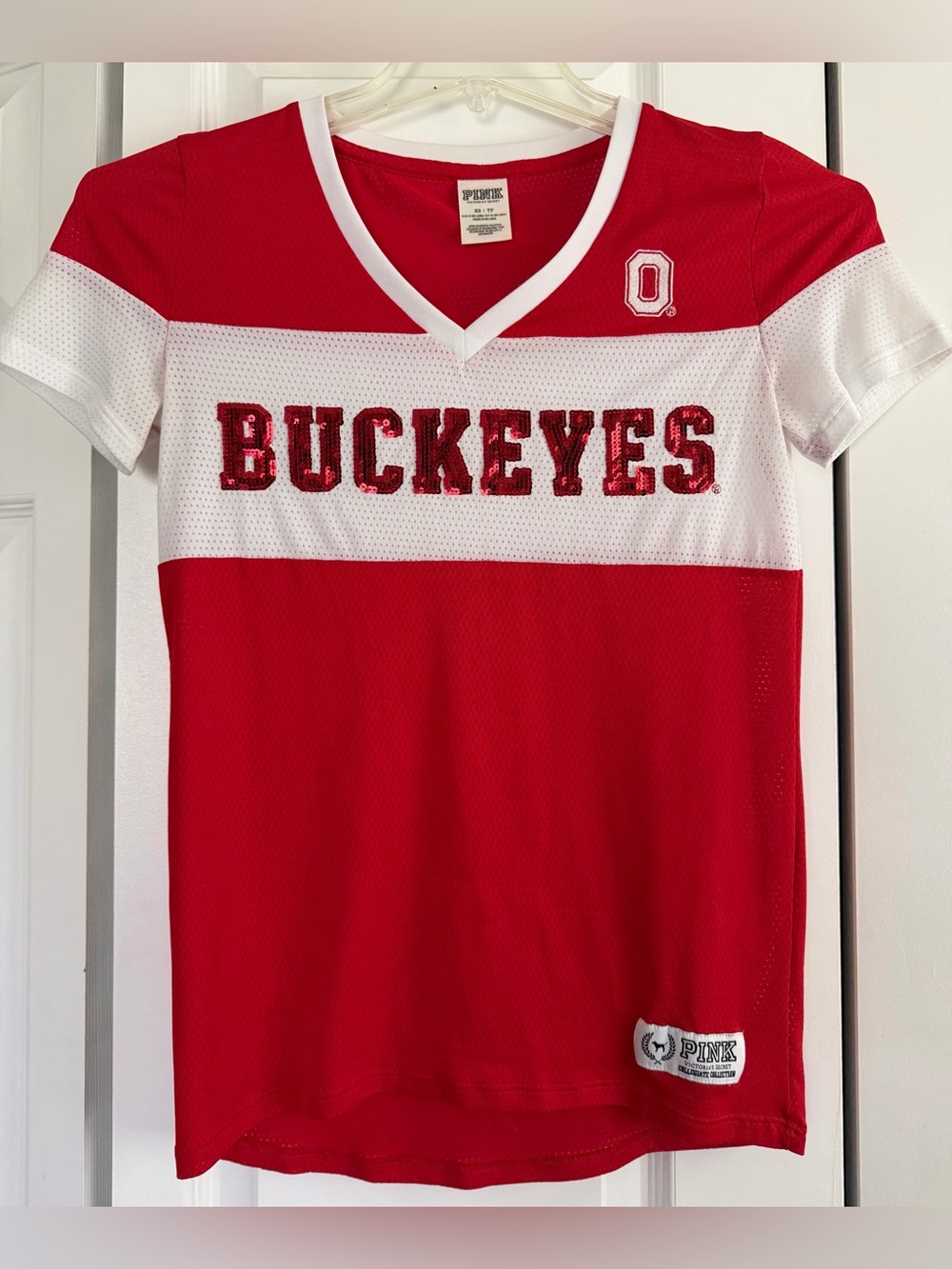 PINK Victoria's Secret Red & White Buckeyes Sequin Mesh V-Neck Tee